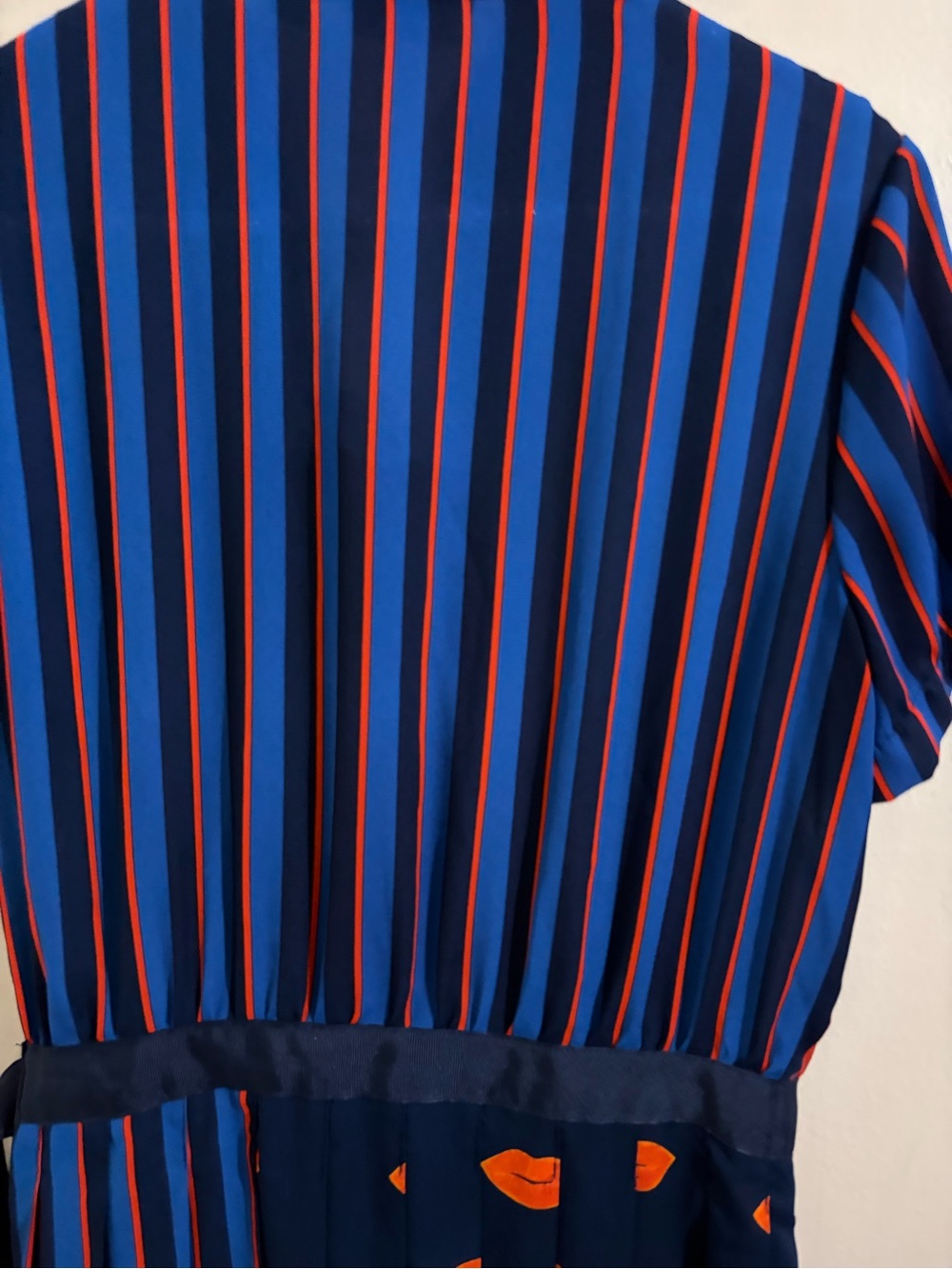 New York & Company Navy and Orange Striped & Pleated Midi Dress - Picture 13 of 15
